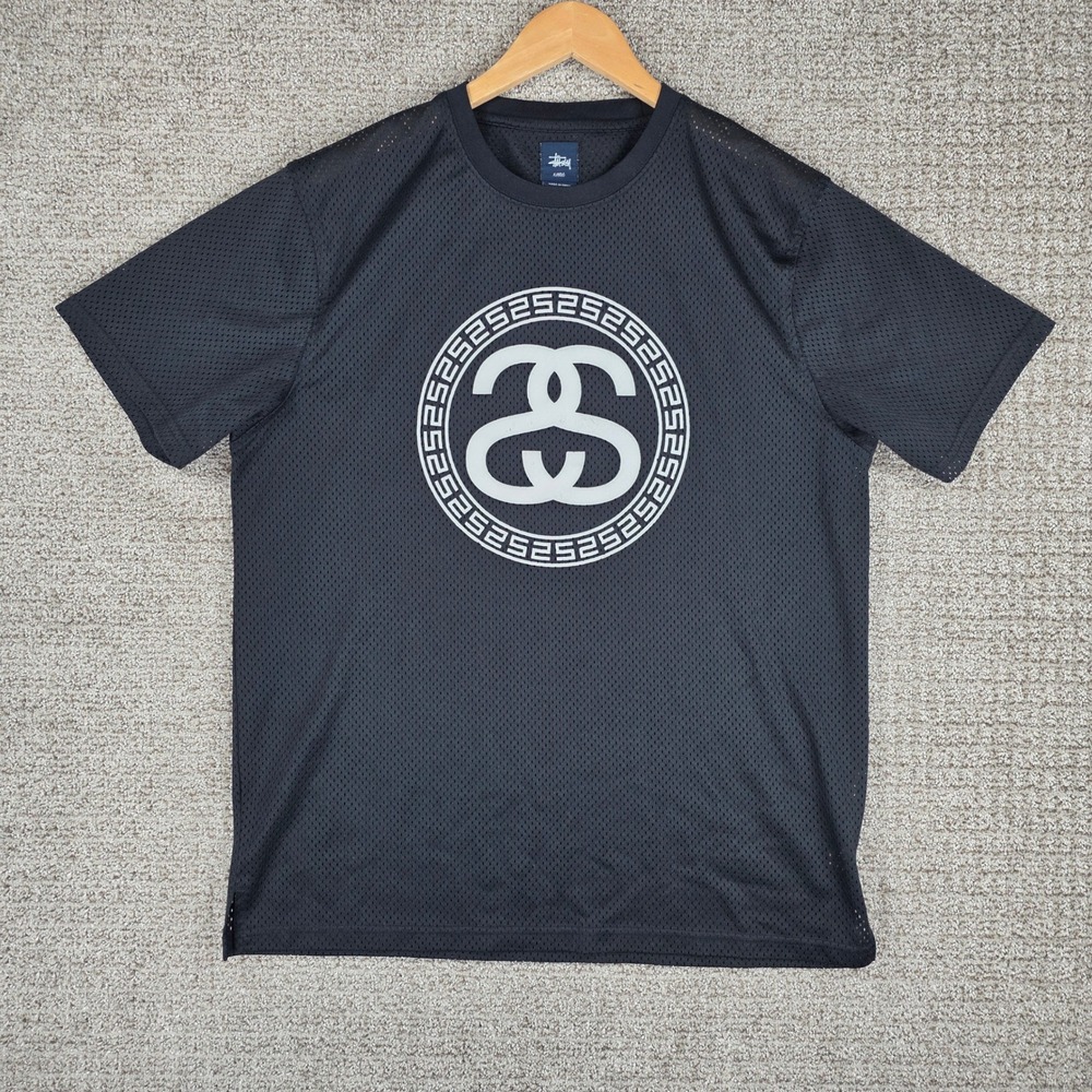 Stussy Mens XL Black Mesh Jersey SS T-Shirt SS Link Greek Key Logo Graphic